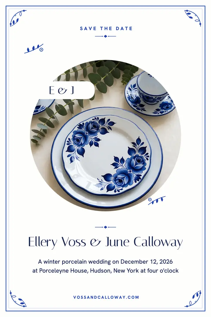 Blue porcelain winter save the date poster template