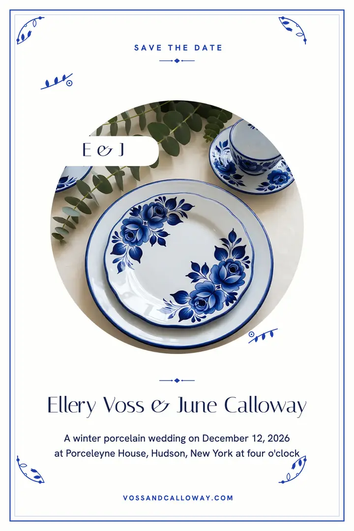 Blue porcelain winter save the date poster template