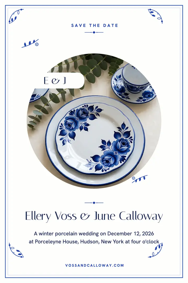 Blue porcelain winter save the date poster template