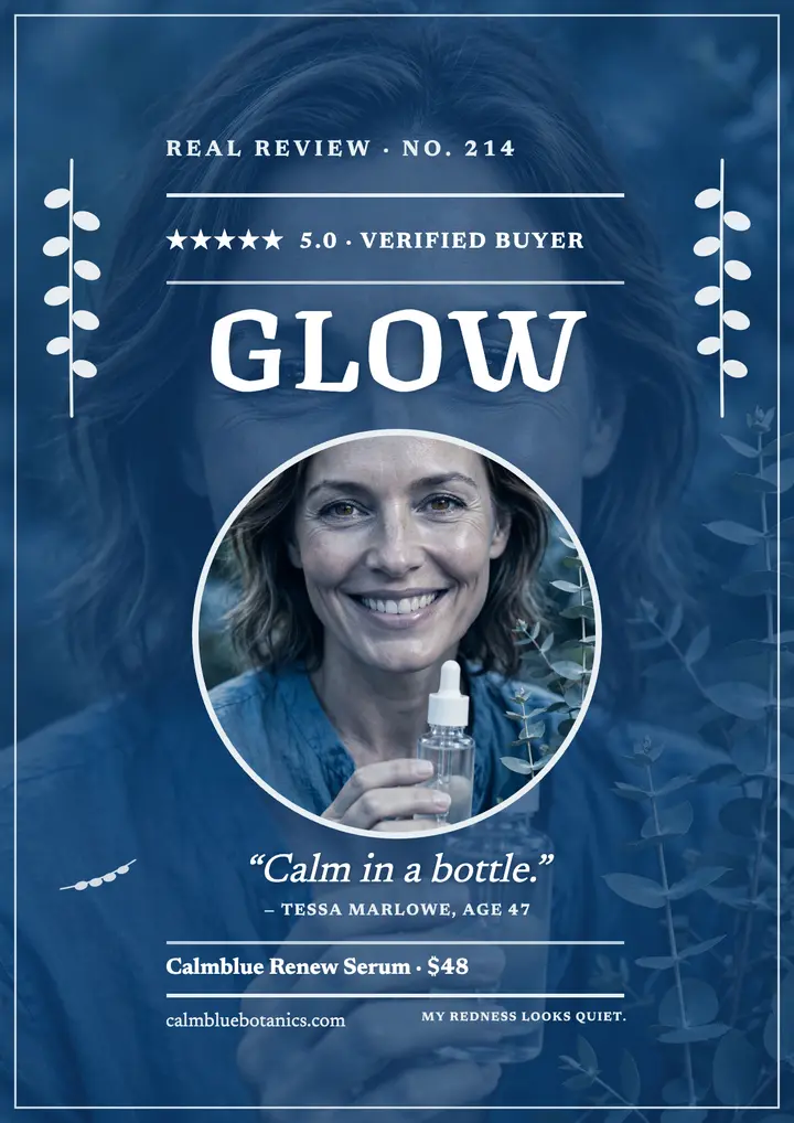 Calmblue serum review flyer: skincare review flyer template
