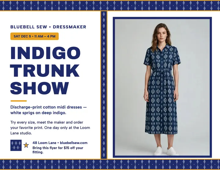 Bluebell Sew indigo trunk show flyer: trunk show flyer template