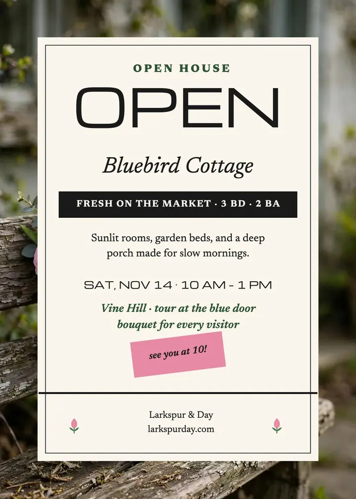 Bluebird Cottage open house invitation: open house invitation template
