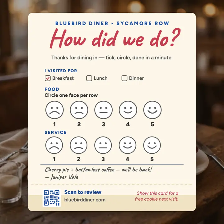 Bluebird Diner comment card survey template