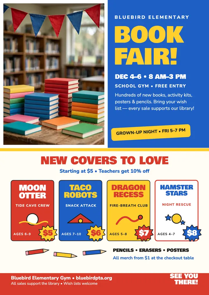 Bluebird Elementary book fair flyer template