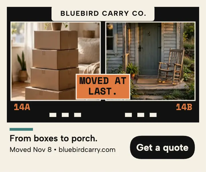 Bluebird Carry moving day diptych ad: moving day ad template