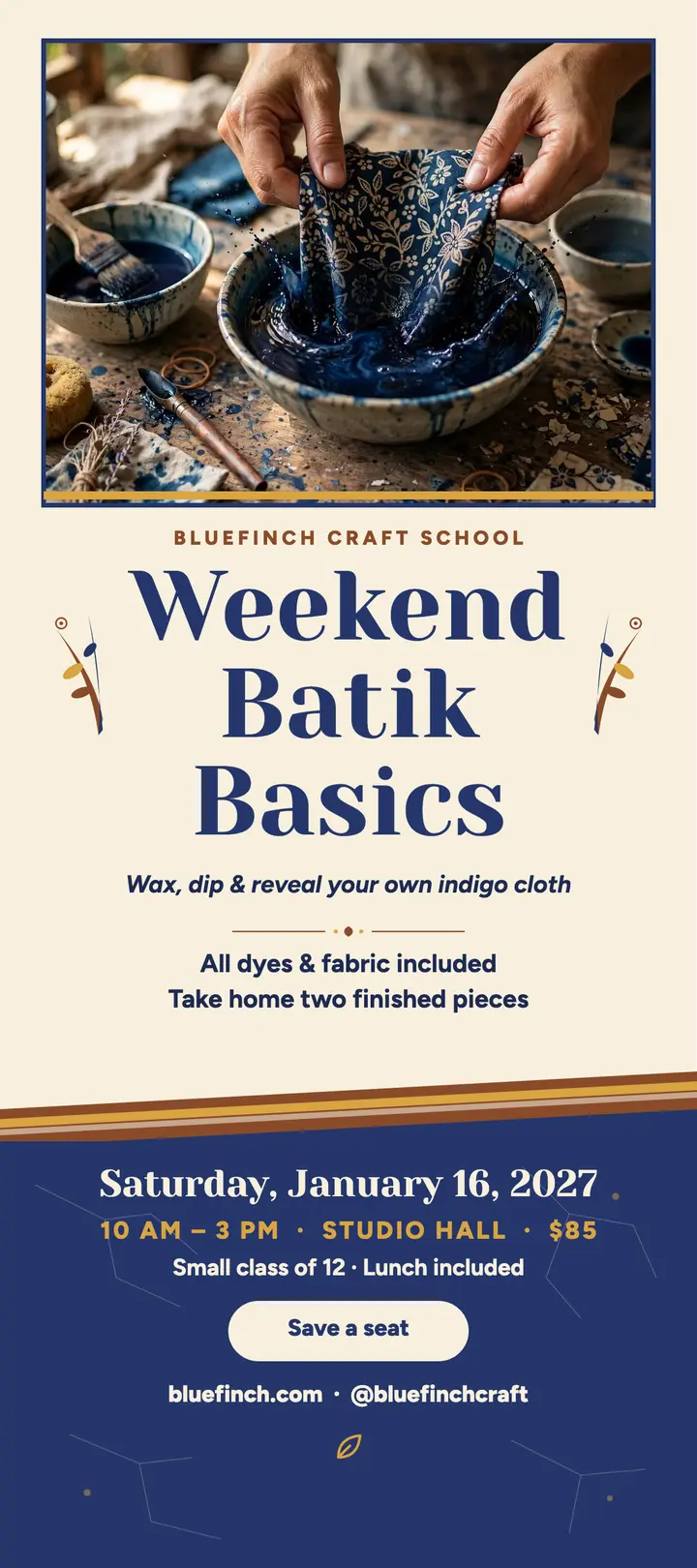 Bluefinch Batik Basics rack card: batik workshop rack card template