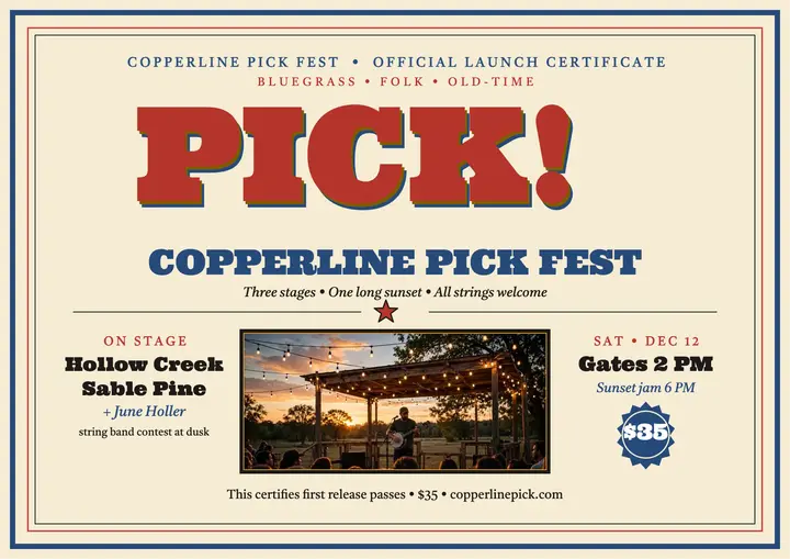 Copperline Pick Fest launch certificate: bluegrass festival certificate template