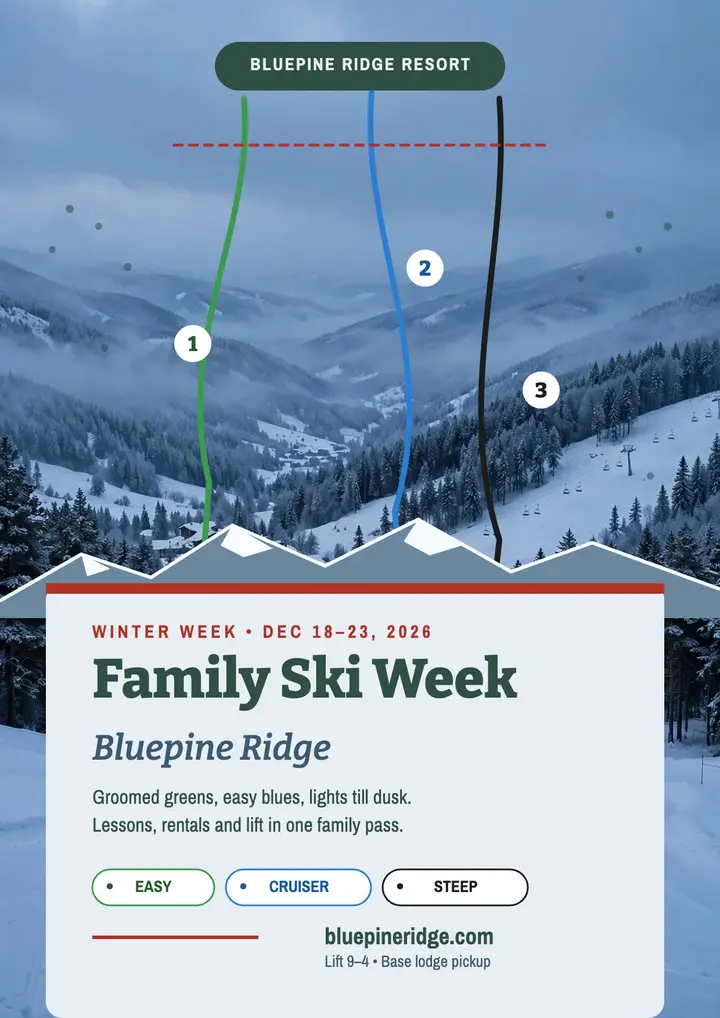 Bluepine Ridge family ski week flyer template
