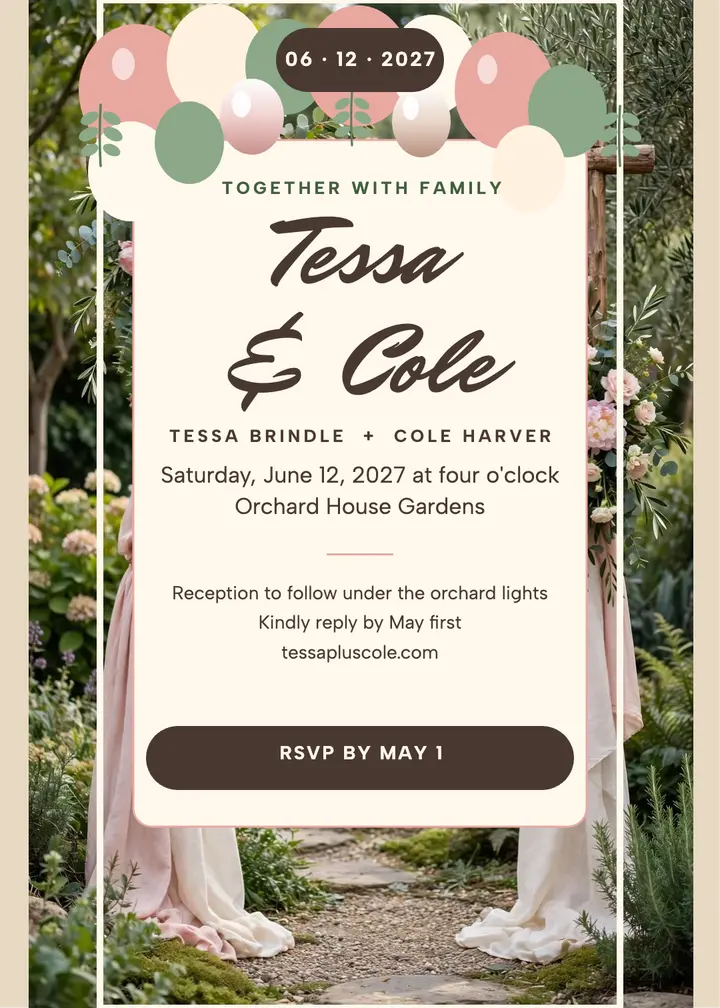 Tessa and Cole blush arch wedding invitation template