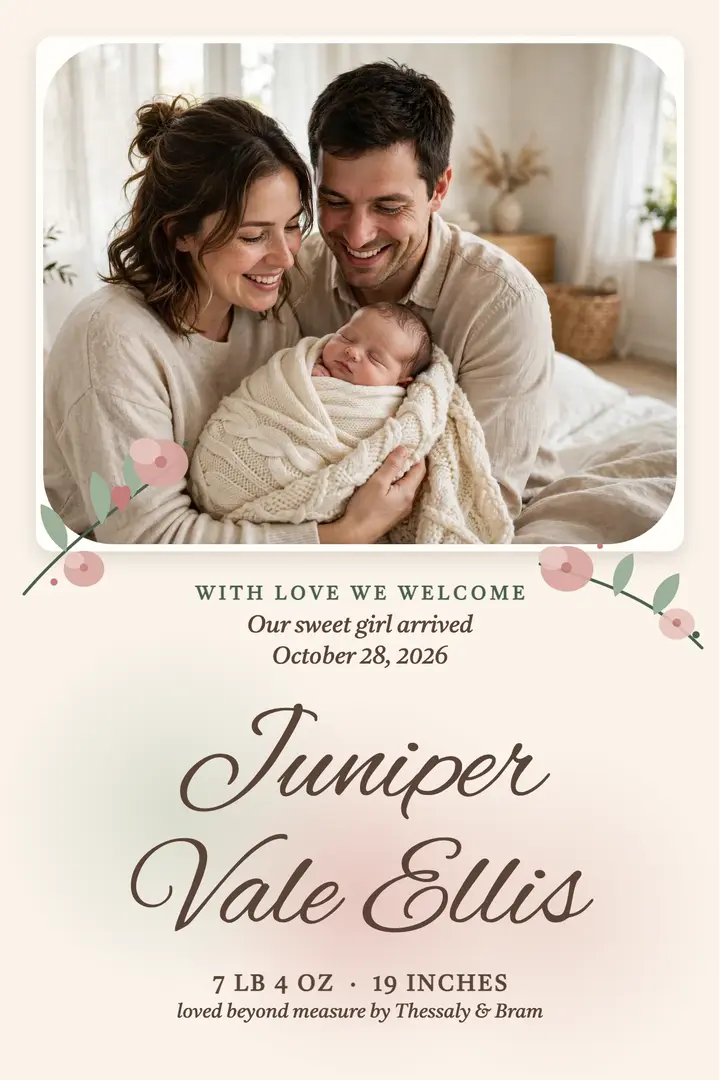 Blush baby arrival poster, Juniper template