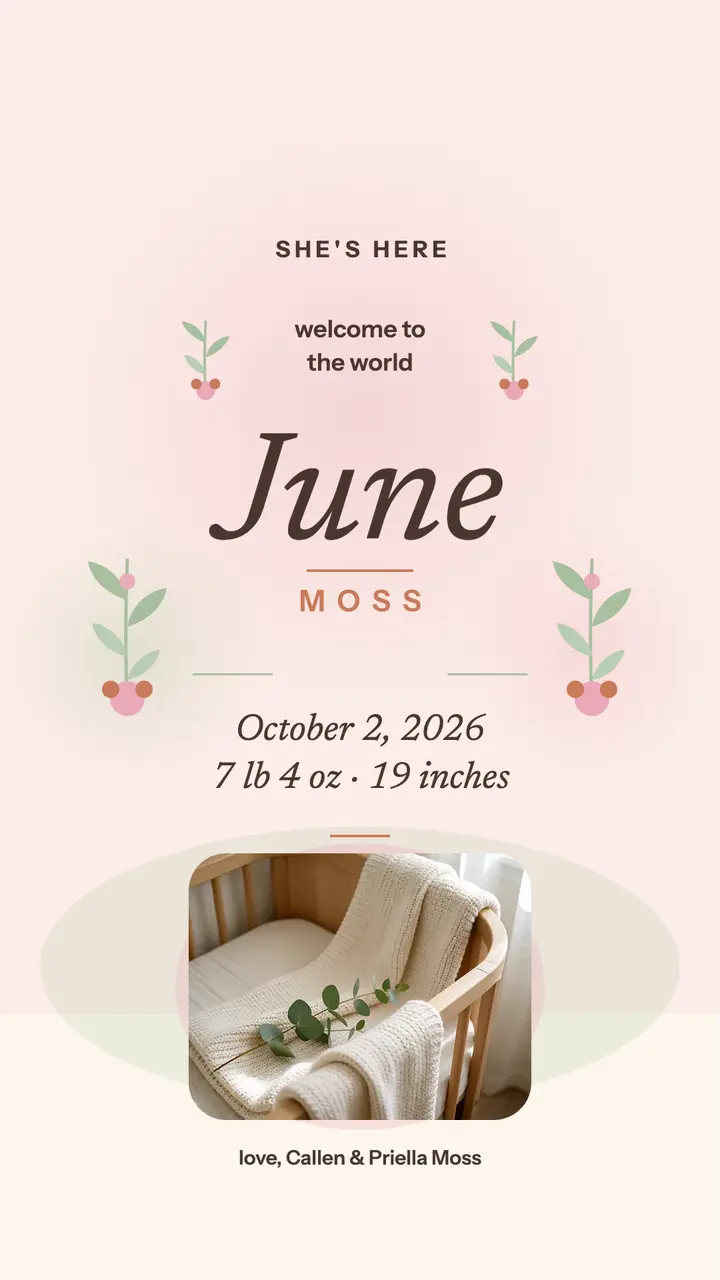 Blush baby arrival story, June: baby arrival story template