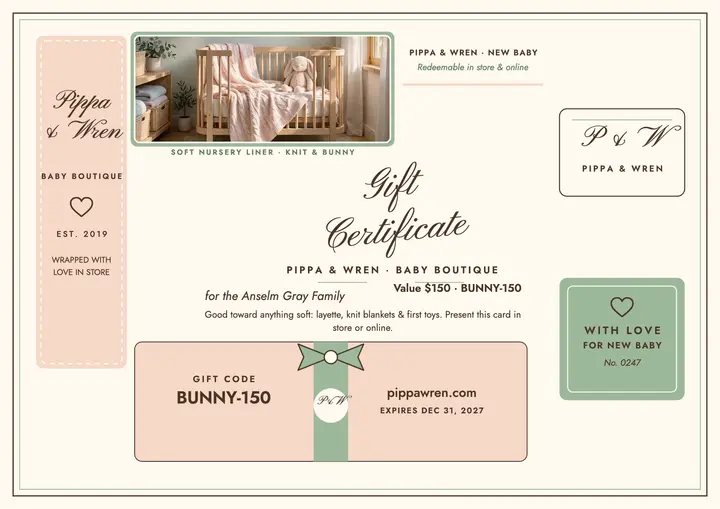 Pippa and Wren blush baby gift certificate template