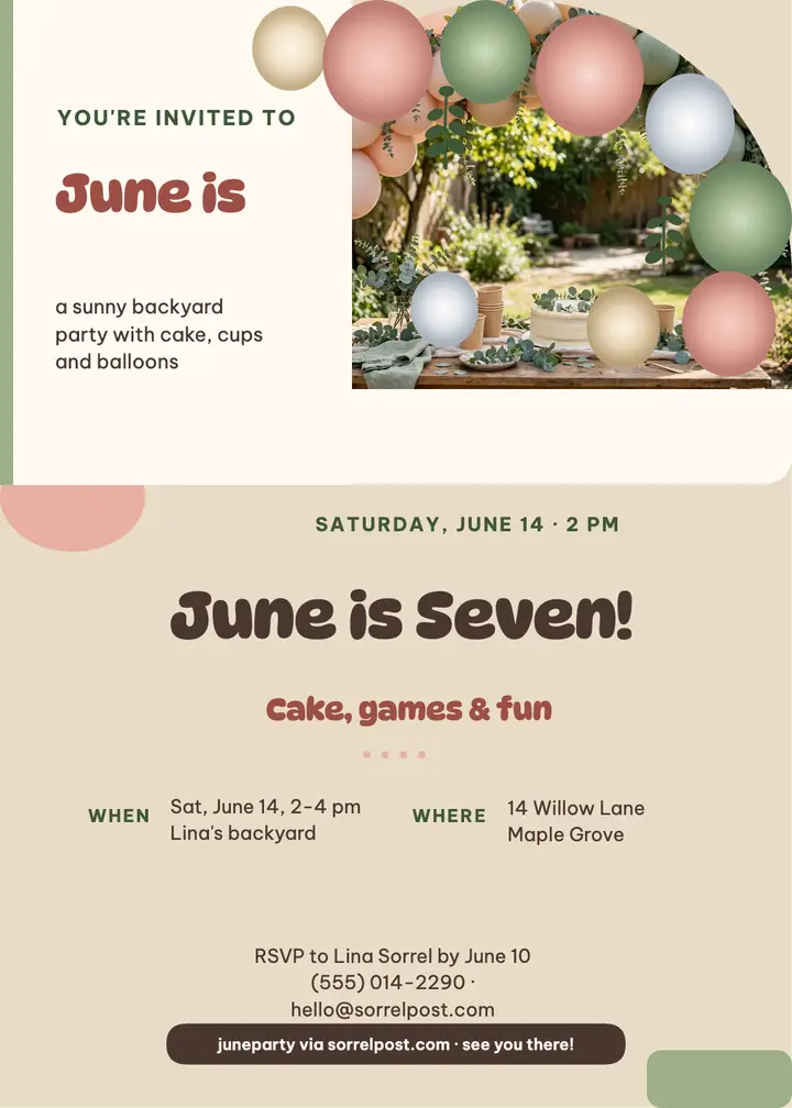 June backyard seventh birthday invitation template