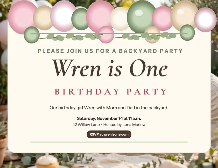 Wren is One blush balloon flyer template