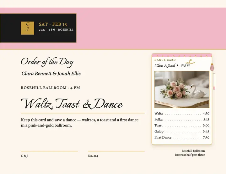 Blush ballroom wedding schedule flyer template
