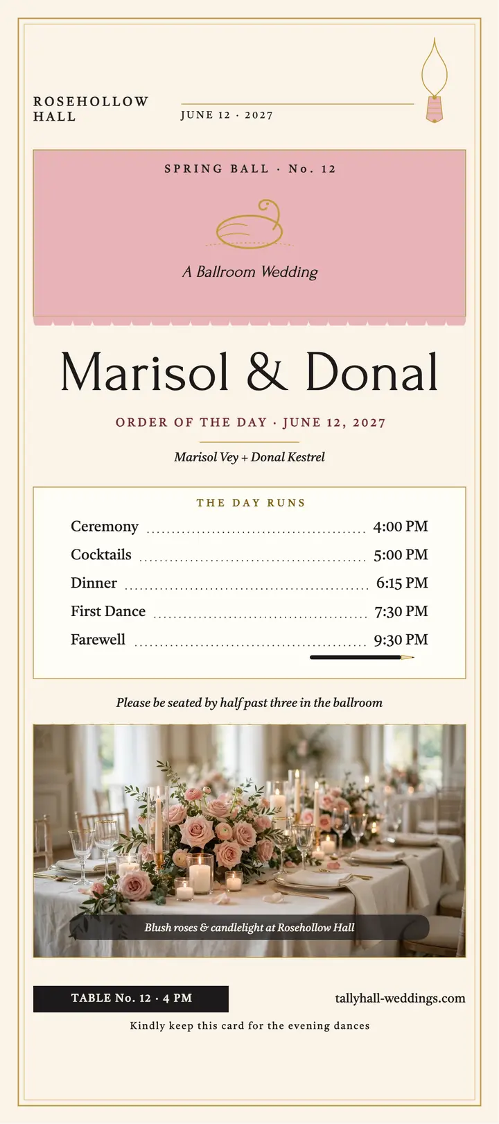 Blush ballroom wedding order rack card template