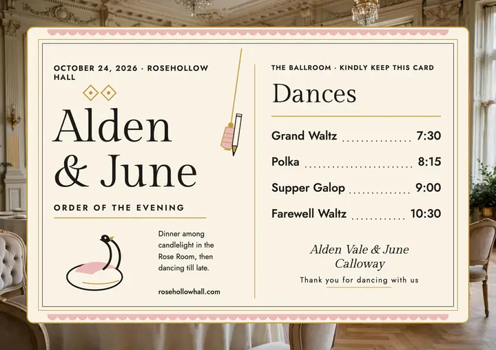 Blush ballroom wedding dance program: wedding dance card program template