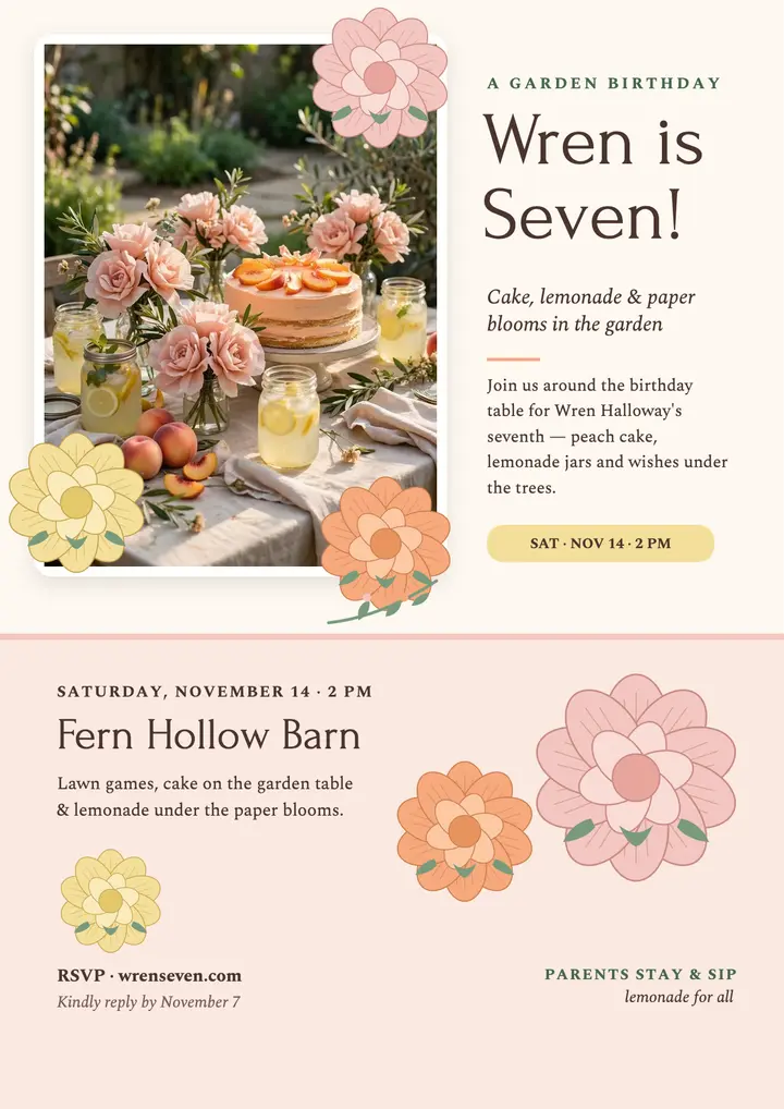 Wren garden birthday party flyer template