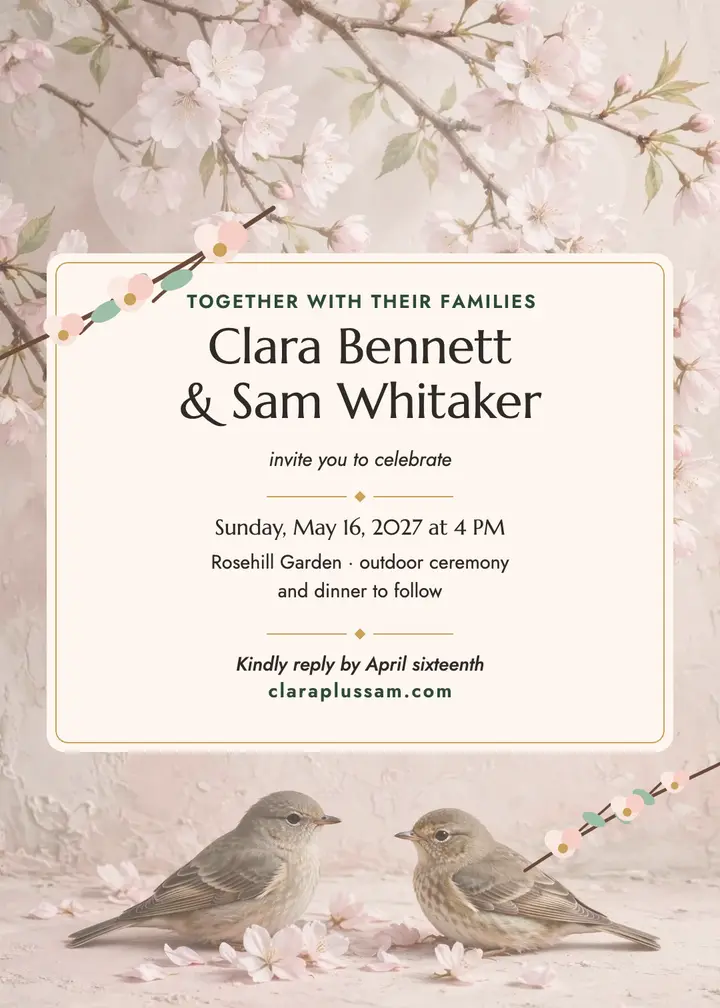 Clara and Sam blush garden invitation: wedding invitation template
