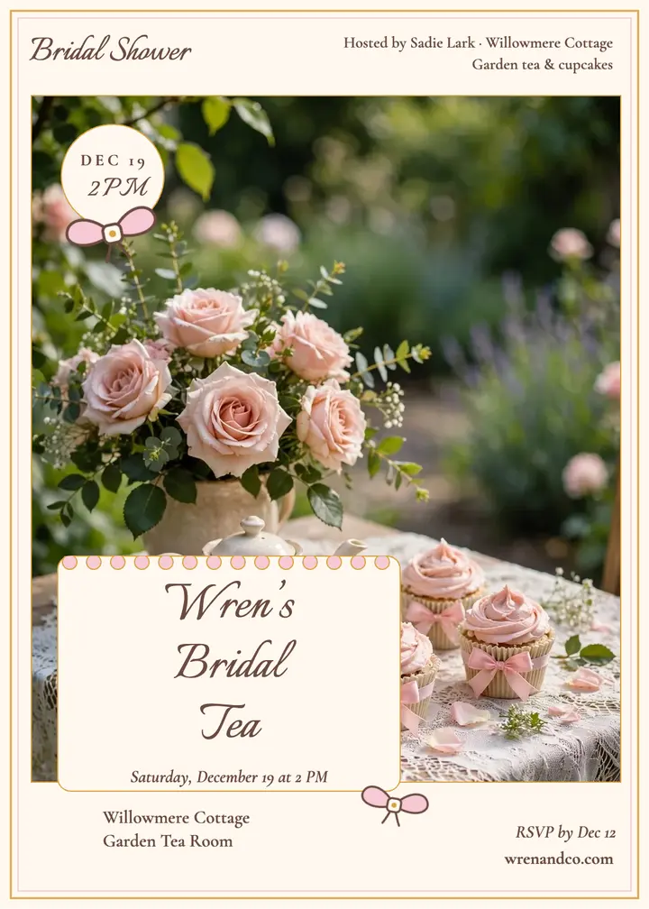 Wren's blush bridal shower tea invitation: bridal shower invitation template