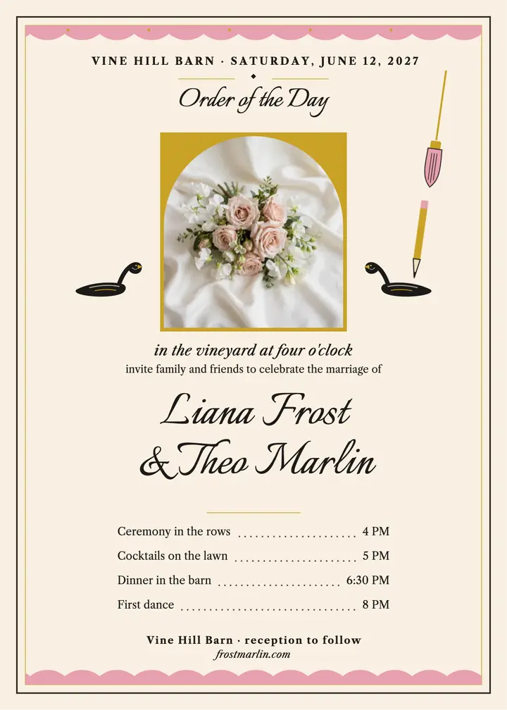 Blush dance card vineyard invitation template