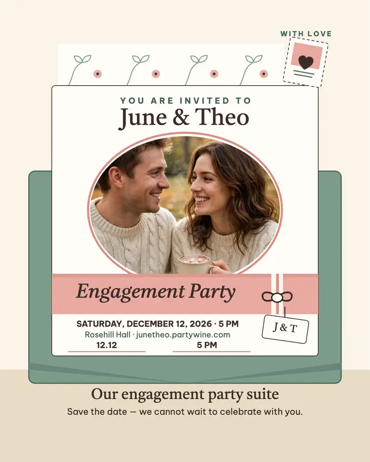 June and Theo blush engagement suite invitation template