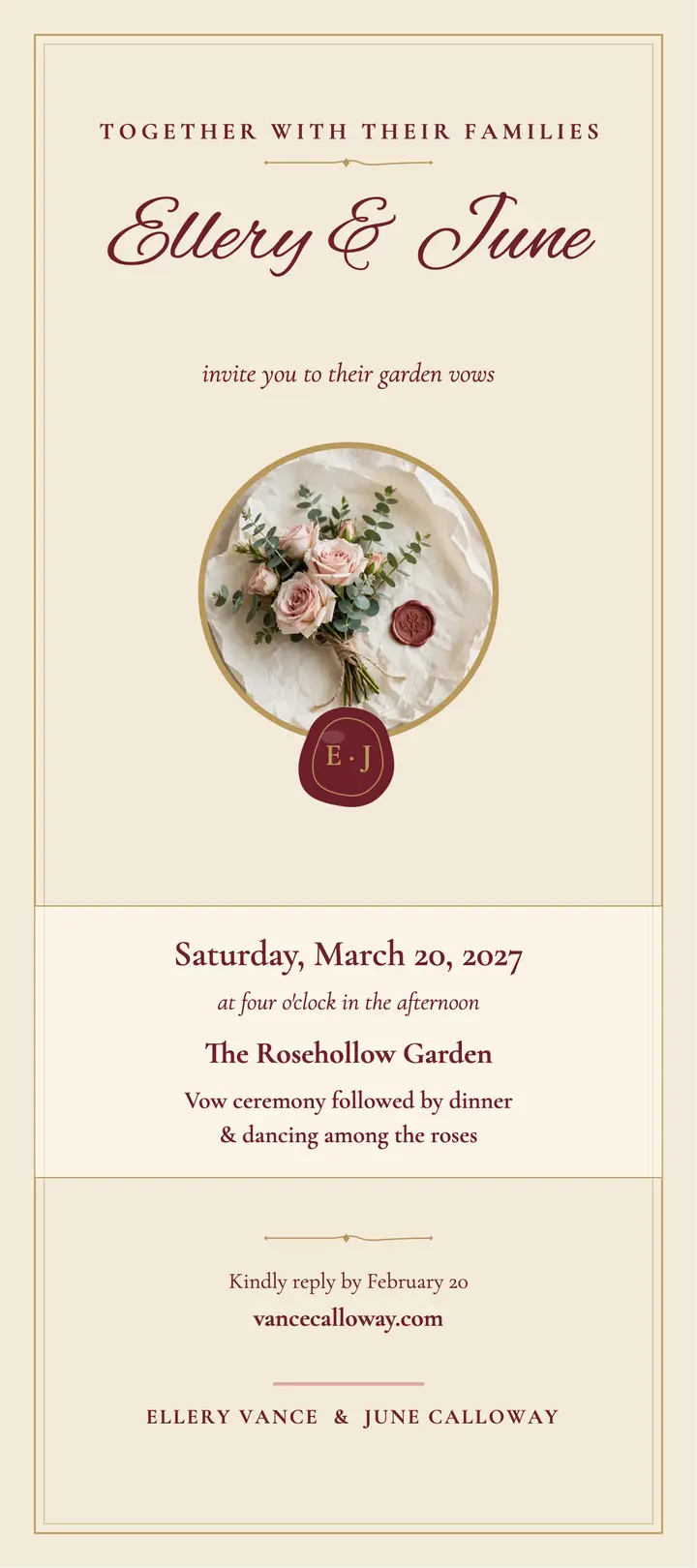 Ellery and June blush garden wedding invitation template