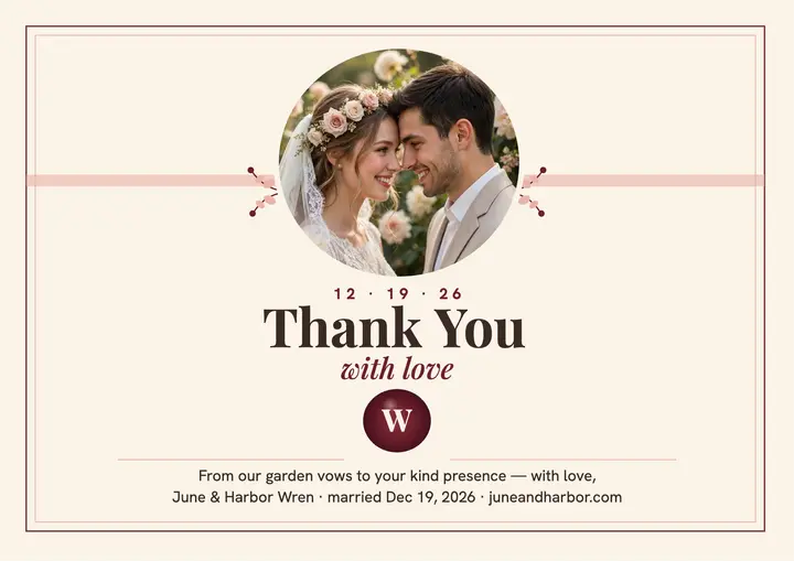 June and Harbor blush garden thank you certificate: wedding thank-you certificate template