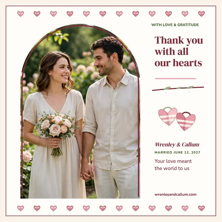 Wrenley and Callum blush hearts thank you template