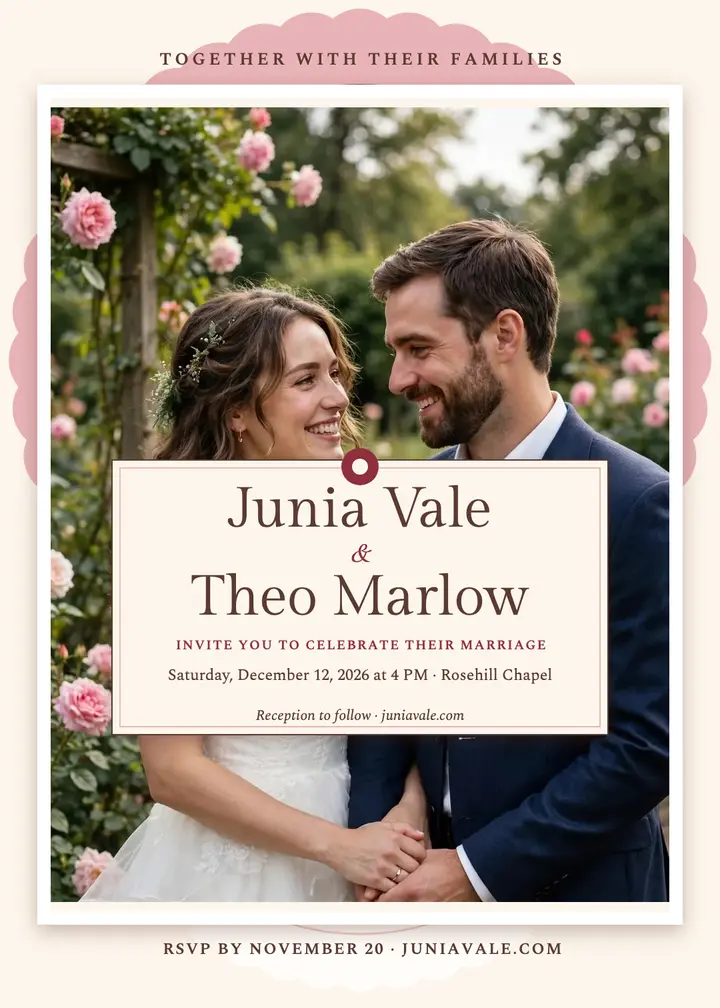 Blush lace wedding invitation with couple photo template