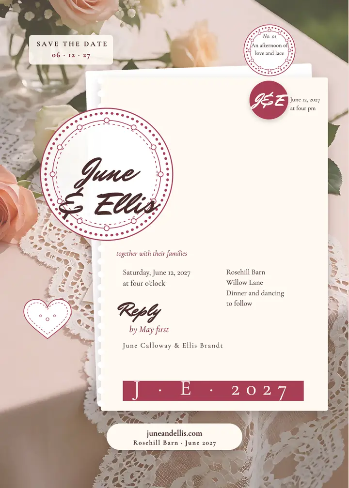 June and Ellis blush lace invitation template