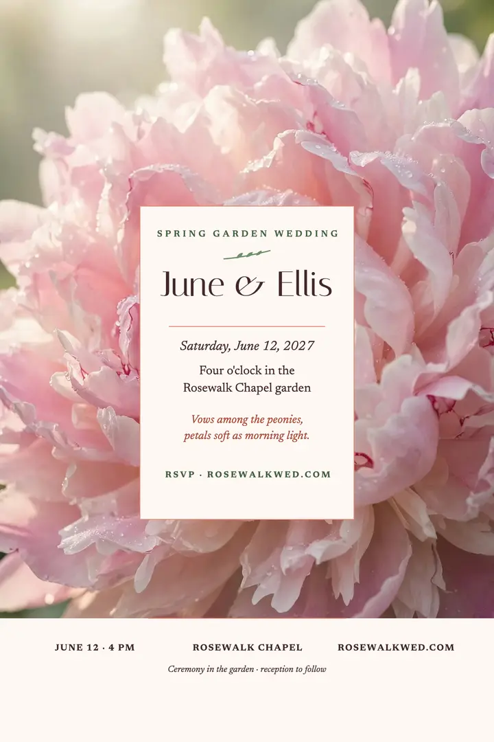 June and Ellis peony garden wedding poster: garden wedding poster template