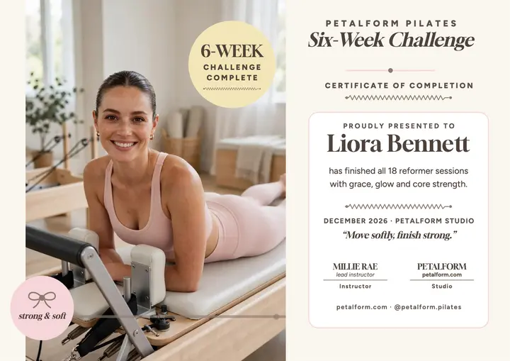 Petalform six-week challenge certificate: pilates certificate template