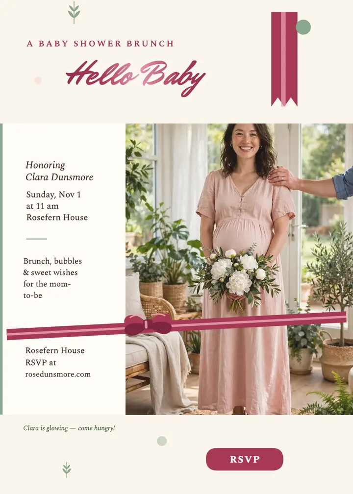 Blush ribbon baby shower brunch invite template