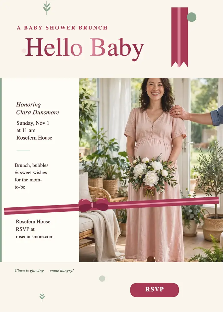 Blush ribbon baby shower brunch invite template