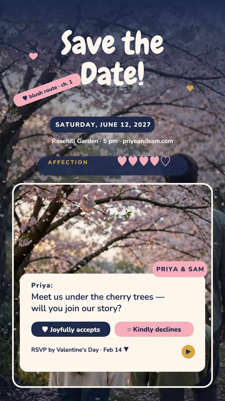 Priya and Sam blush route save the date template