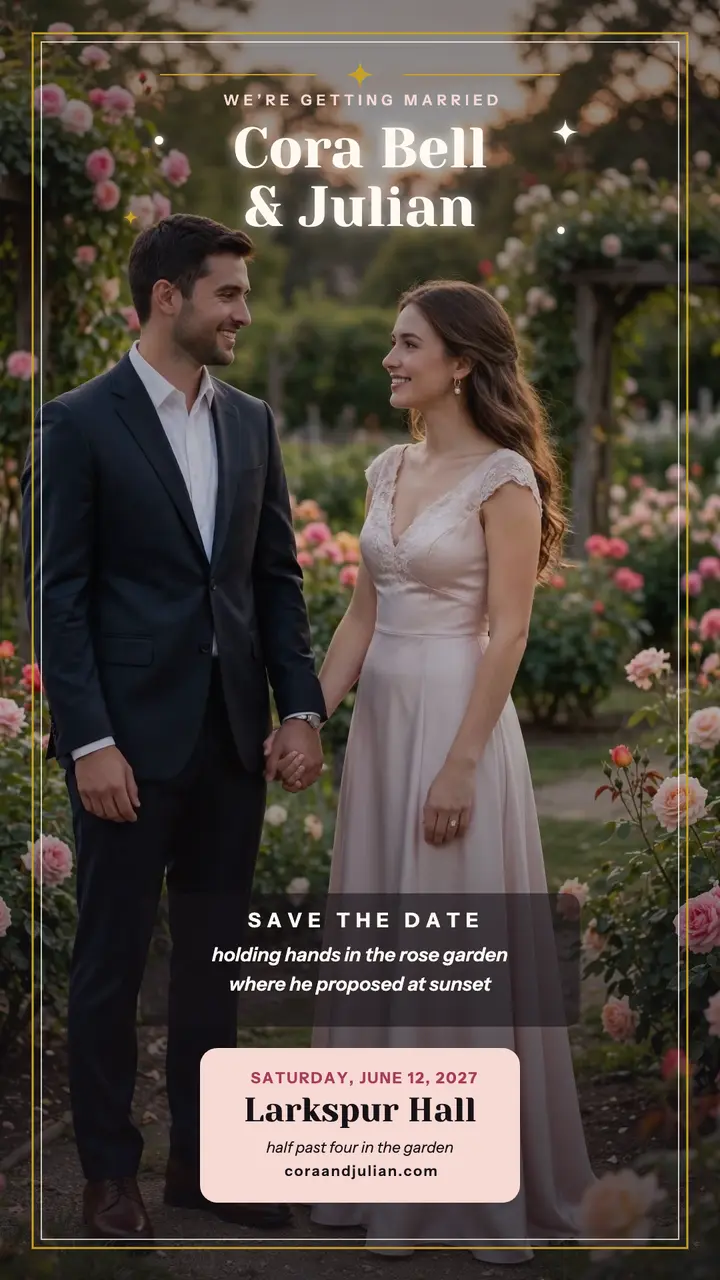 Cora and Julian blush save the date: save the date story template