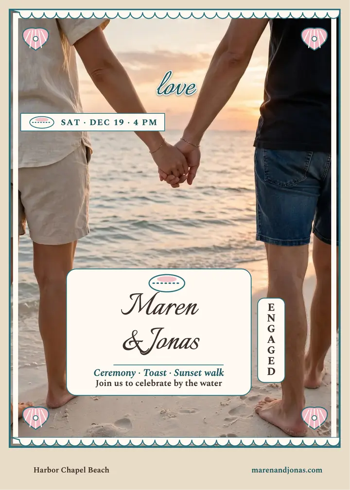 Maren and Jonas blush shell engagement invitation template