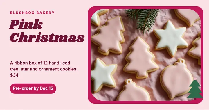 Blushbox Bakery pink Christmas cookie post, pink Christmas template