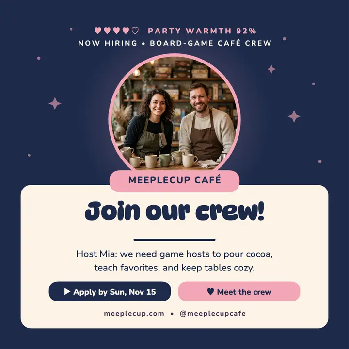 Meeplecup Cafe crew call dialogue post template