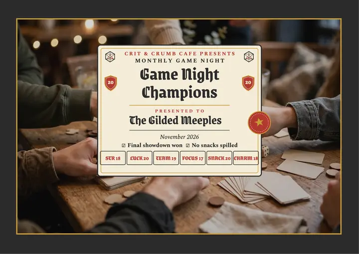 Crit and Crumb game night champion certificate template