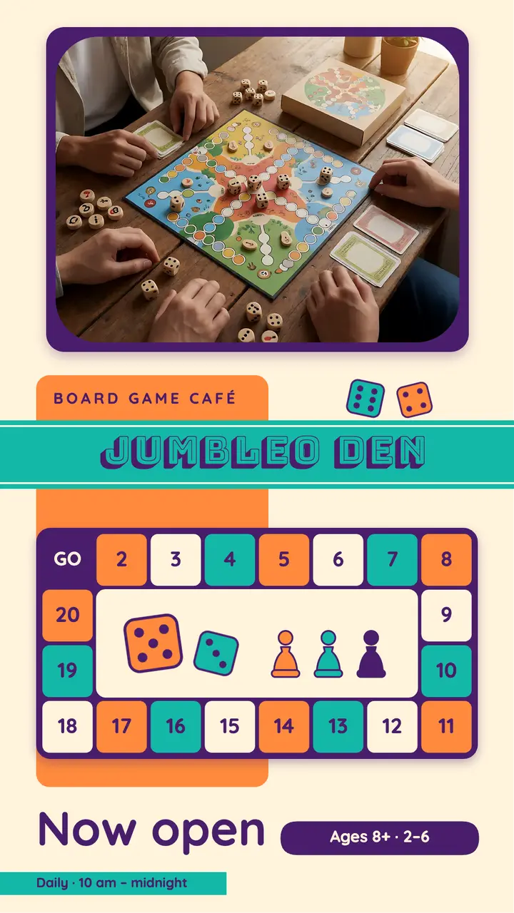 Jumbleo Den board game café now open story template