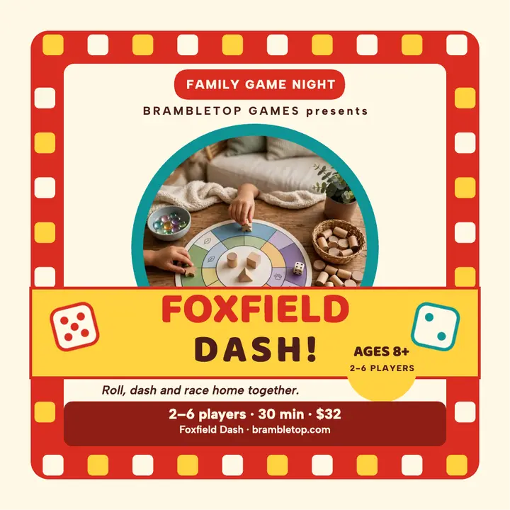 Foxfield Dash family game night post: family board game post template