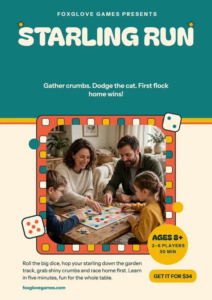 Starling Run board game launch flyer template