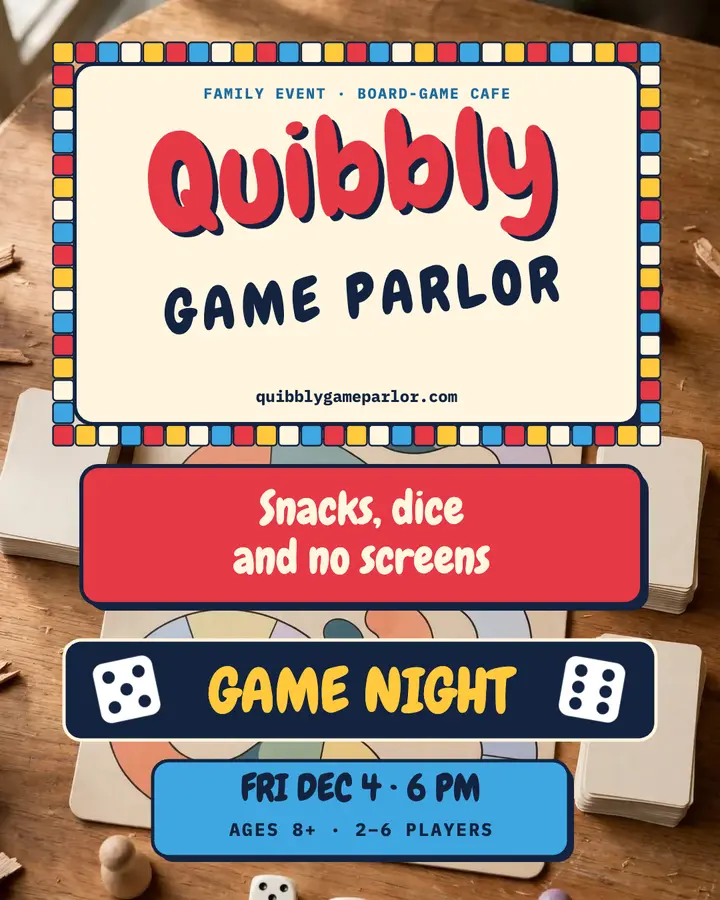 Family game night at a board-game cafe, box-lid post template