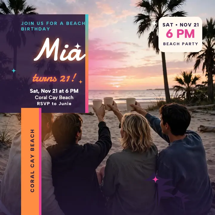 Mia beach birthday glow invite: beach birthday invite template