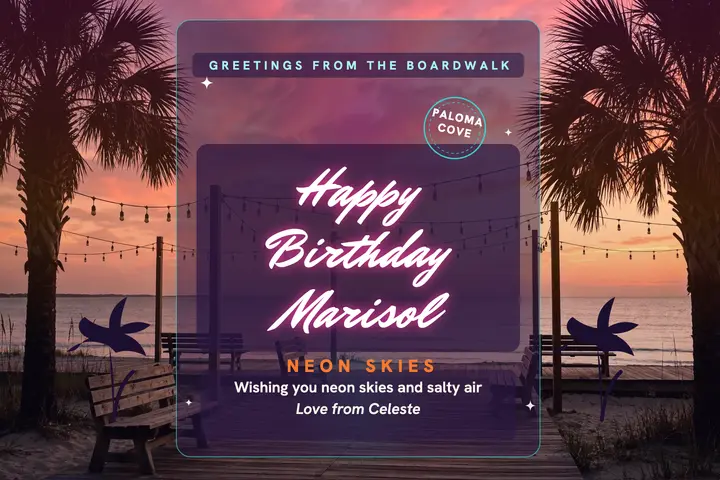 Boardwalk birthday postcard for Marisol: birthday postcard template