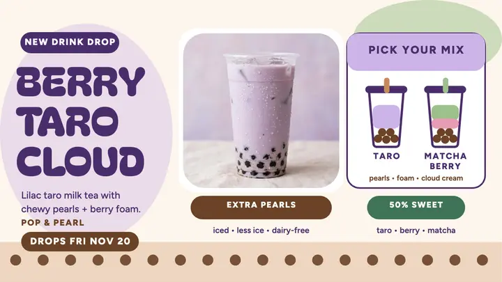 Pop and Pearl berry taro drink thumbnail template