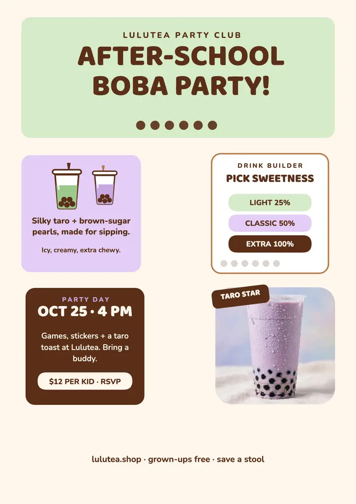 Lulutea after-school boba party flyer template