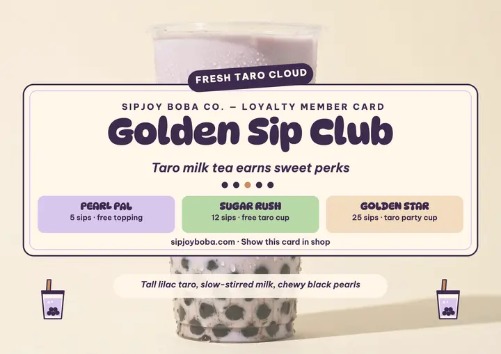 Golden Sip Club loyalty card, Sipjoy Boba: boba loyalty card template